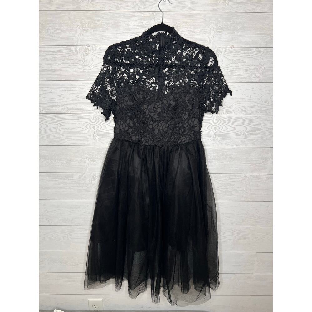 SHEIN Black Lace Mock Neck Fit & Flare Dress - goth Boho Midi size M - Picture 2 of 7